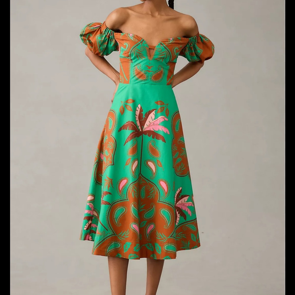 Vibrant Off-Shoulder Midi Dress in Green and Orange